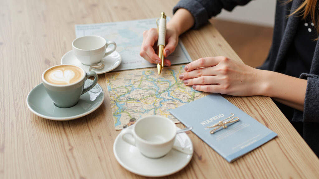 Woman planning Bento Gonçalves trip, travel guide, map, coffee, cozy setting, lifestyle Mulher planejando viagem para Bento Gonçalves com guia de viagem.