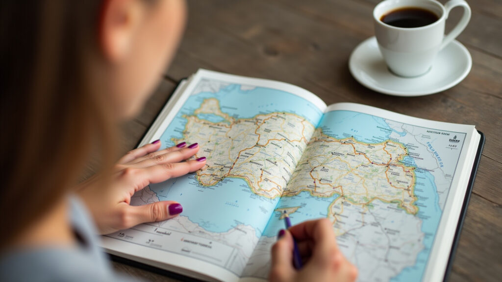 Woman planning Turkey trip, Istanbul and Cappadocia map, travel journal, coffee, natural light, 8k, Mulher planejando roteiro de viagem para Turquia com mapa e guia.