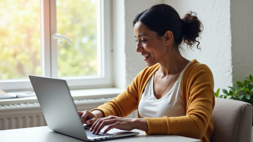 Woman searching flights online, laptop, travel destinations, vibrant, natural light, 8k quality, Mulher pesquisando passagens aéreas baratas online para volta ao mundo.