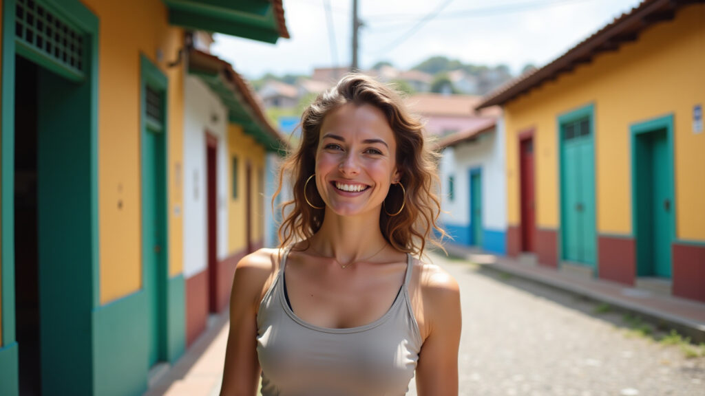 Woman smiling, making eye contact, approachable posture, standing in a vibrant Brazilian street, Mulher sorrindo em rua no Brasil.