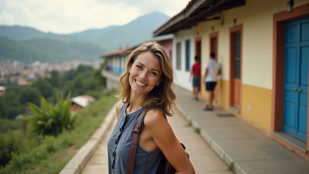 Woman solo traveler Colombia, confident pose, safe travel tips, professional photography, 8K Mulher viajando sozinha com confiança na Colômbia.