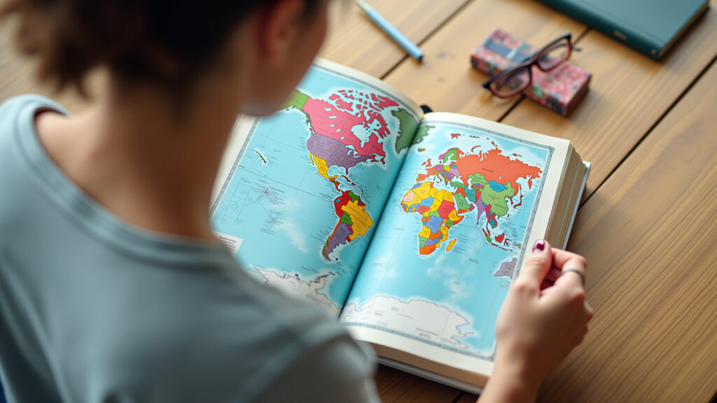 Woman traveler, planning world trip destinations, map, travel journal, natural light, vibrant Mulher planejando destinos para volta ao mundo com mapa e diário de viagem.