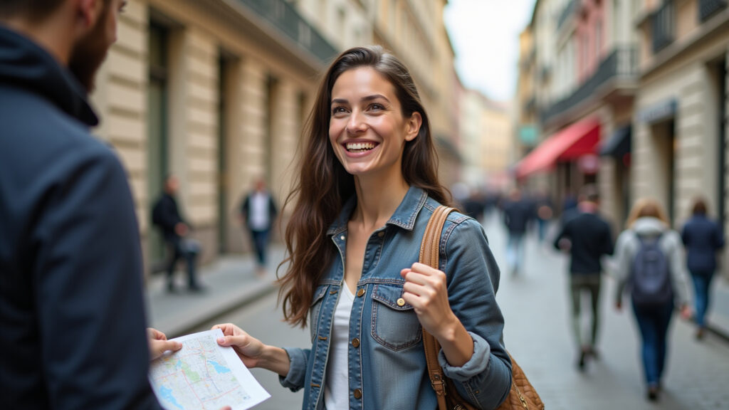 Woman traveler talking to local, lost in city, map, asking for help, friendly, 8k, commercial Viajante conversando com morador local após se perder na cidade.