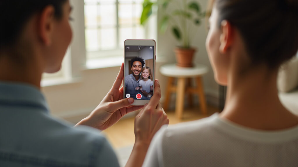 Woman video calling family, smartphone, travel photos, warm light, Brazilian decor, 8k, lifestyle Mulher fazendo videochamada com a família durante a viagem.