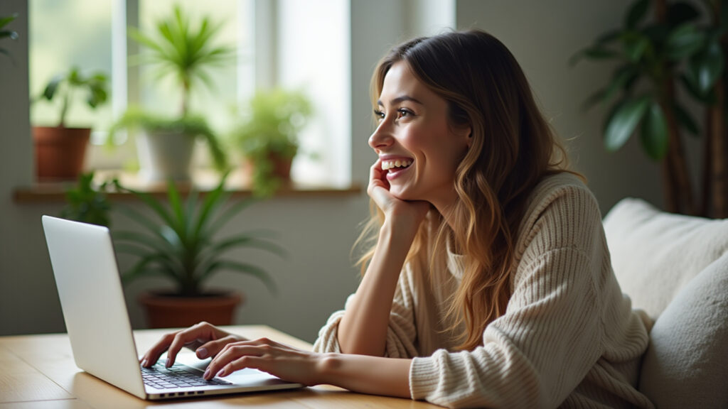 Woman video calling friends before solo trip, laptop open, excited expression, cozy Brazilian Mulher usando tecnologia para se conectar antes de viajar.