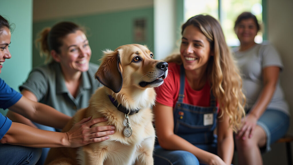 Woman volunteering at an animal shelter in Brazil, petting a dog, smiling, surrounded by other Voluntária em abrigo de animais no Brasil.