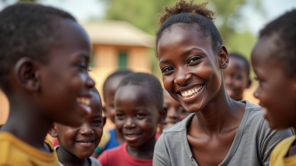Woman volunteering in Africa, teaching children, happy, professional photography, 8K quality, Voluntária ensinando crianças em escola na África.
