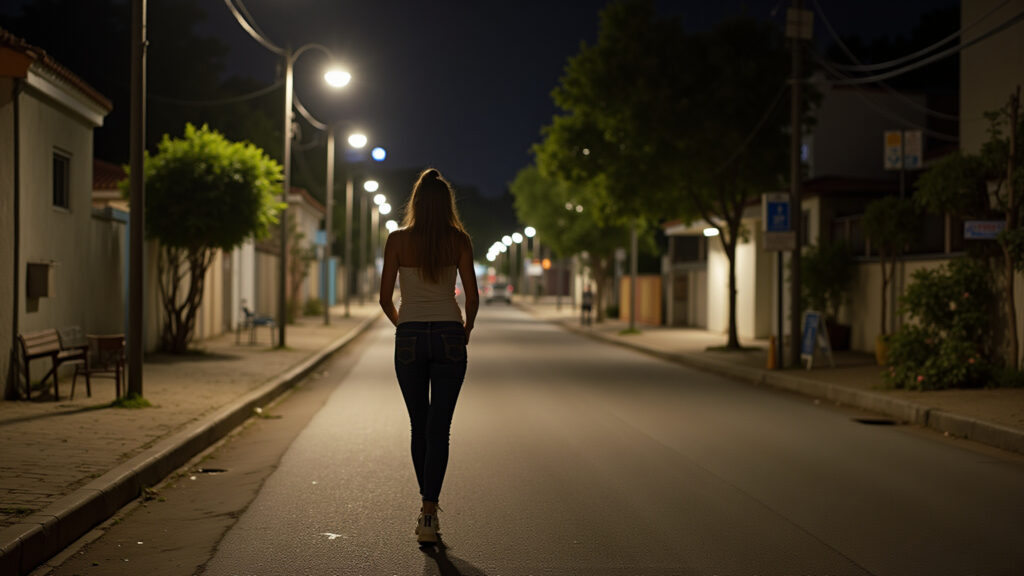 Woman walking alone at night in Rio de Janeiro, being aware of surroundings, well-lit street, Mulher priorizando a segurança ao viajar sozinha.