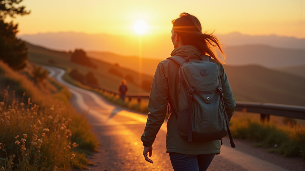 Woman walking Camino de Santiago, backpack, sunrise, professional photography, 8K quality, sharp Peregrina no Caminho de Santiago ao nascer do sol.