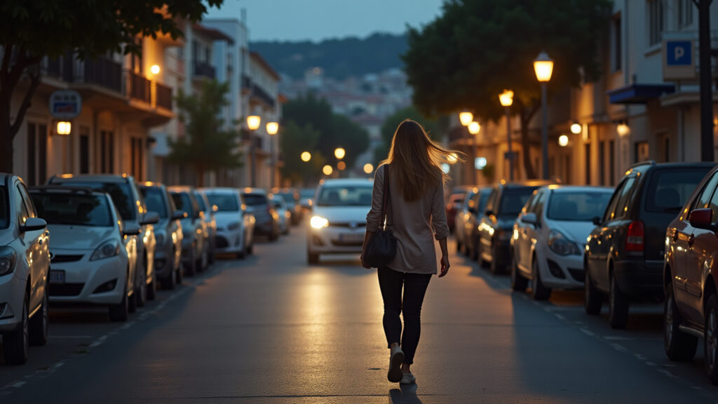 Woman walking safely in Bento Gonçalves street at dusk, well-lit street, secure atmosphere, Mulher caminhando com segurança em rua de Bento Gonçalves.