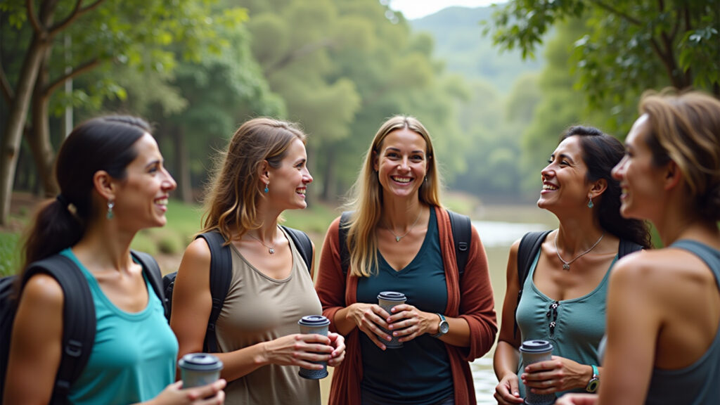 Women travelers Colombia group, sharing experiences, travel community, professional photography, 8K Grupo de mulheres viajantes compartilhando experiências na Colômbia.