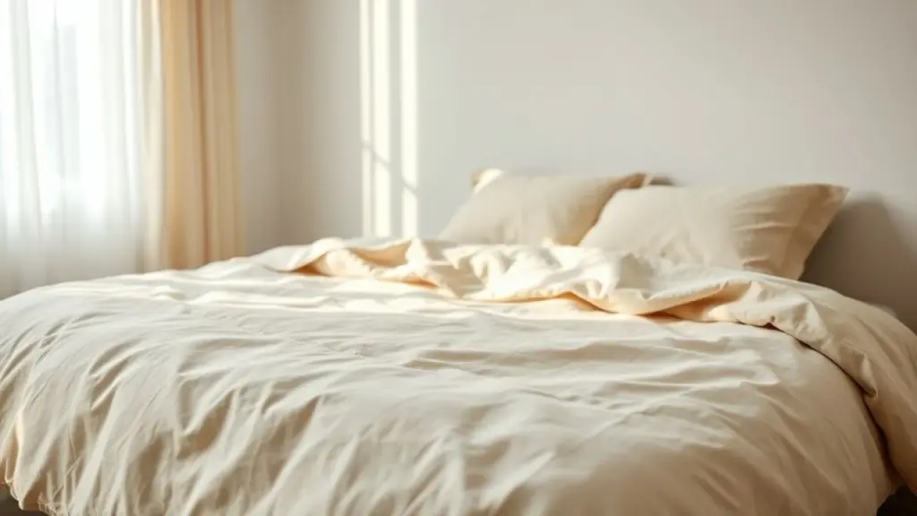 Detalhe de roupa de cama de linho bege em quarto de casal simples e elegante.
