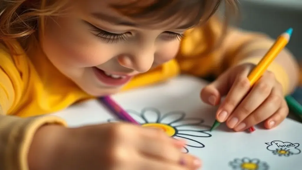 Mãos de criança colorindo margarida, lápis coloridos, alegria.