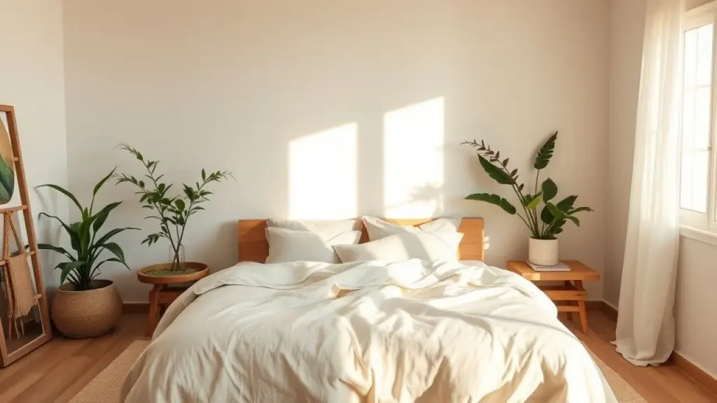 Quarto de casal simples e aconchegante com decoração minimalista e cores neutras.