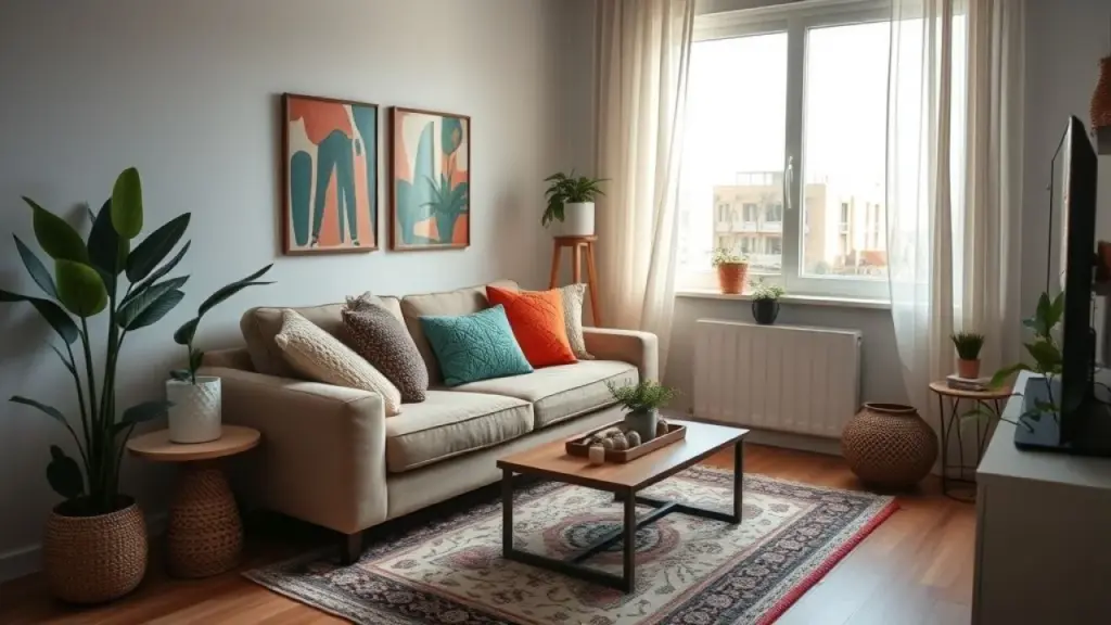 Sala pequena decorada com estilo, sofá confortável, almofadas coloridas e tapete estampado.