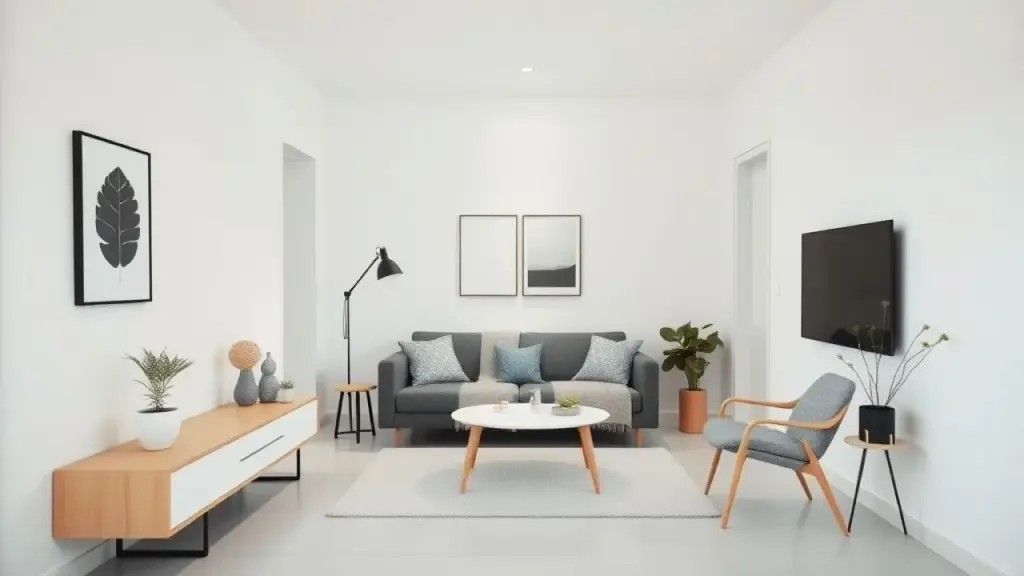 Sala minimalista com cores neutras, linhas limpas e móveis funcionais em apartamento brasileiro.