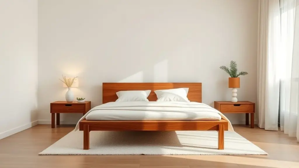 Quarto de casal simples com cama de madeira, criado-mudo minimalista e cortinas leves.