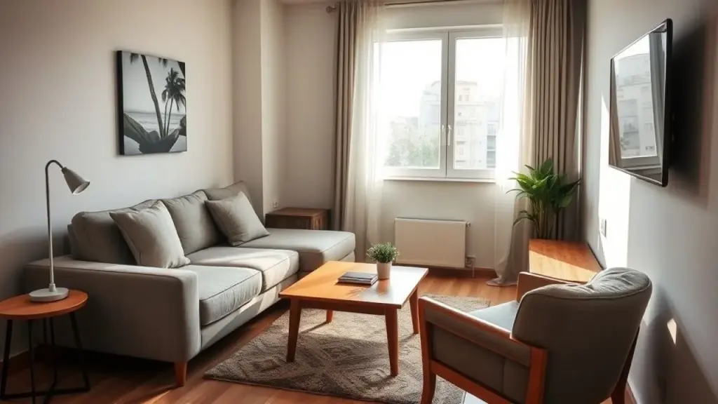 Sala pequena com sofá de canto, mesa de centro de madeira e painel de TV.