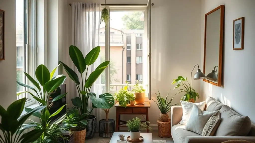 Sala pequena com plantas, objetos decorativos e espelho grande, iluminada por luz natural.