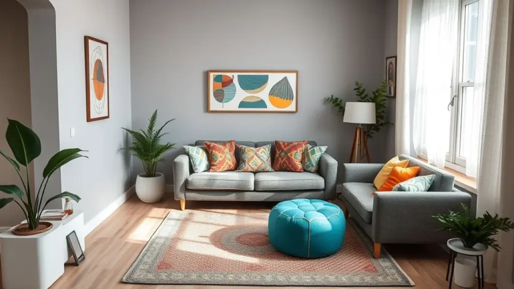 Sala pequena com paredes cinza claro, almofadas coloridas e tapete estampado, iluminada por luz natural.