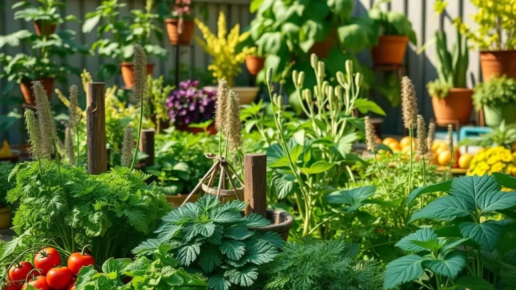 Como fazer uma horta em casa? Horta caseira vibrante com ervas e vegetais diversos em quintal ensolarado.