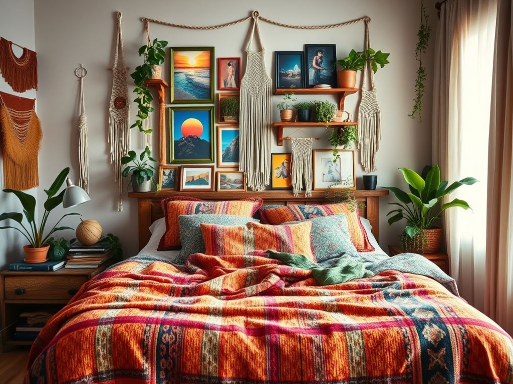 Um quarto lindamente decorado em estilo boho, apresentando uma parede de galeria de fotografias com molduras coloridas, tapeçarias de parede de macramê e várias plantas. As fotografias são uma mistura de fotos de viagens, retratos e cenas da natureza. A atmosfera geral é relaxada, eclética e cheia de personalidade.