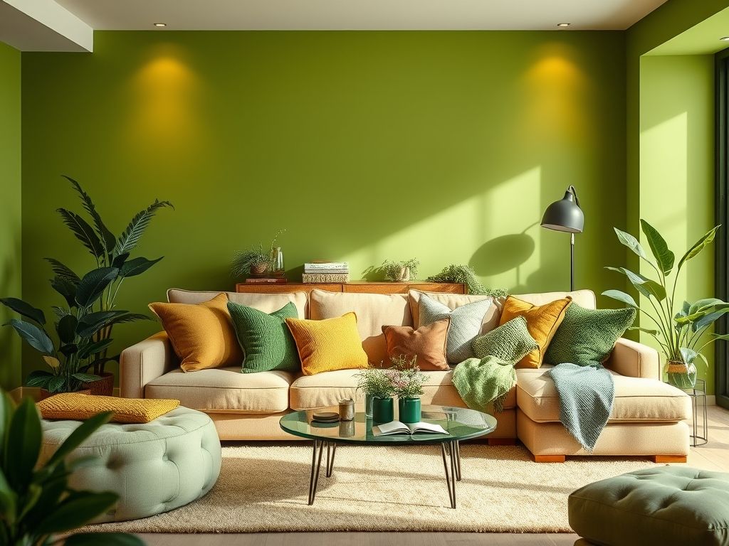 Sala de estar com paredes verde musgo, sofá bege e detalhes em madeira.
