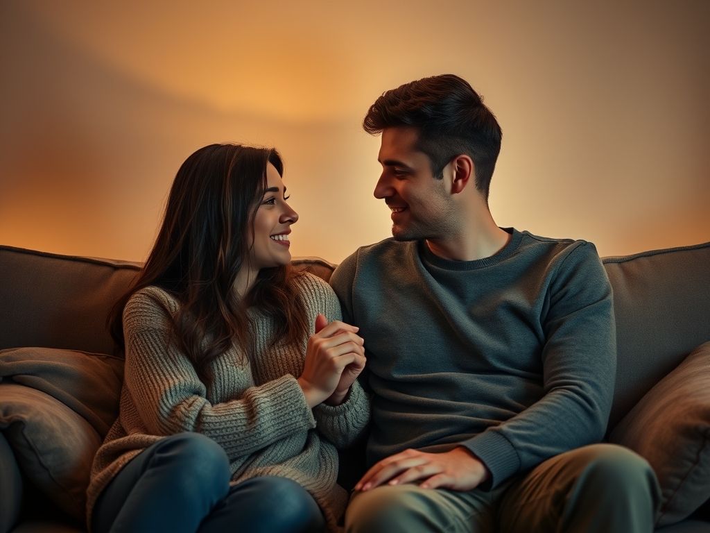 Um casal sentado em um sofá, conversando com empatia e atenção.