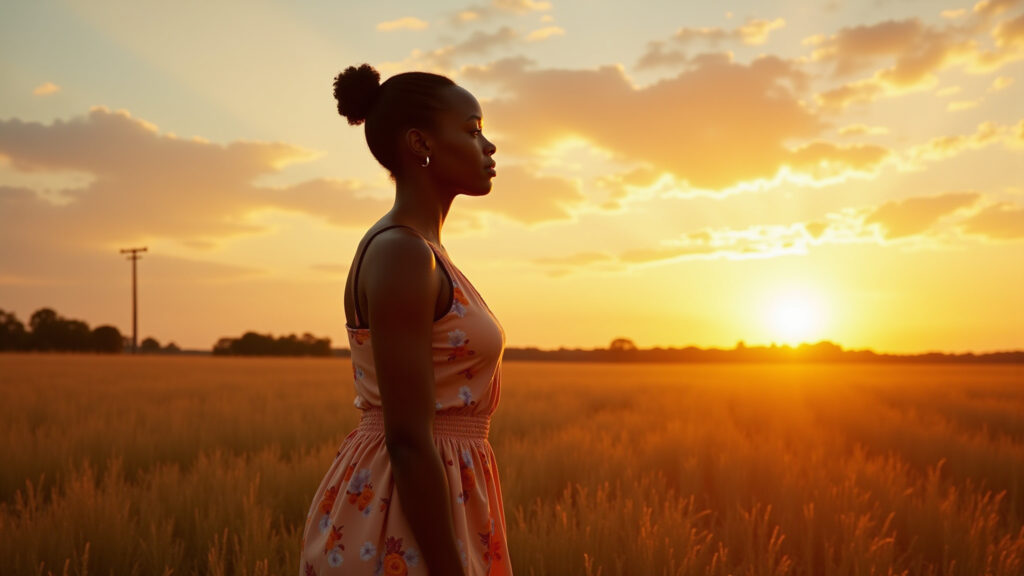 A determined black woman stands tall in a field, sunrise behind her, inspired by 'The Color Mulher negra resiliente inspirada em 'A Cor Púrpura'.