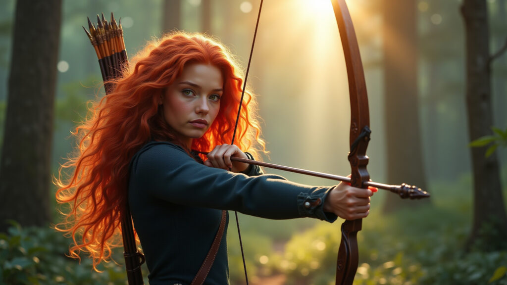 A determined woman archer, resembling Merida, stands in a sunlit forest, bow drawn. Professional Mulher forte inspirada na princesa Merida.