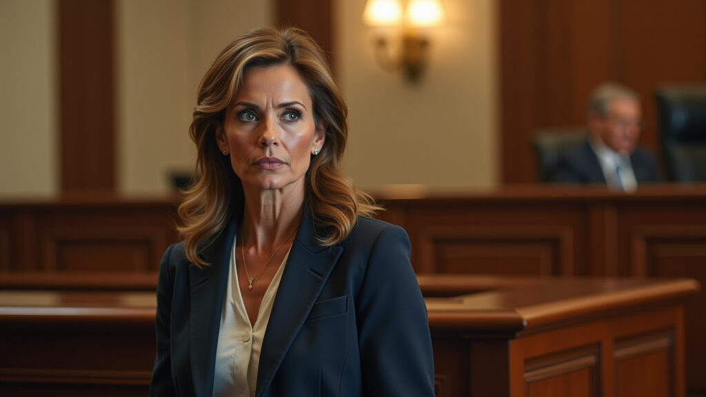 A determined woman, resembling Erin Brockovich, confidently walks into a courtroom. Professional Mulher confiante inspirada em Erin Brockovich.