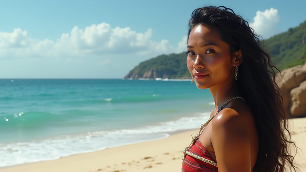 A determined woman, resembling Moana, stands on a beach, looking out at the ocean. Professional Mulher forte inspirada na coragem de Moana.