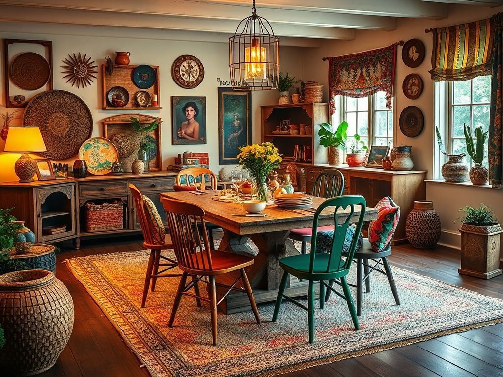 Sala de jantar com estilo boho chic, cores vibrantes, estampas étnicas e muitas plantas.