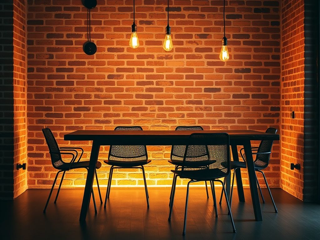 Sala de jantar em estilo industrial com paredes de tijolo aparente, mesa de madeira escura e cadeiras de metal.