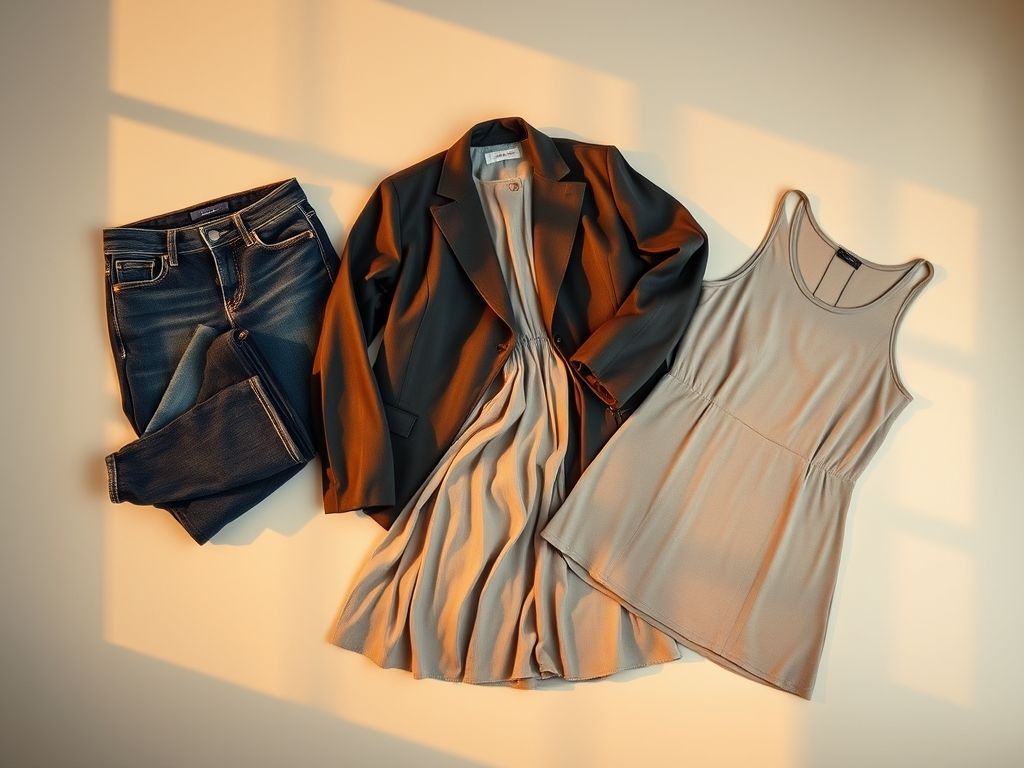 Composição de roupas essenciais para um guarda-roupa plus size versátil: calça de cintura alta, blazer, vestido midi e regata.