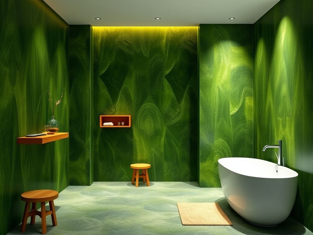 Banheiro luxuoso com paredes verde musgo, banheira branca e detalhes em madeira.