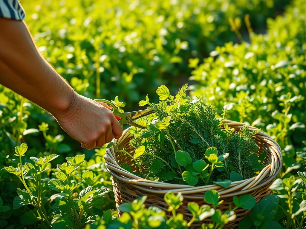 Pessoa colhendo endro fresco de um jardim.