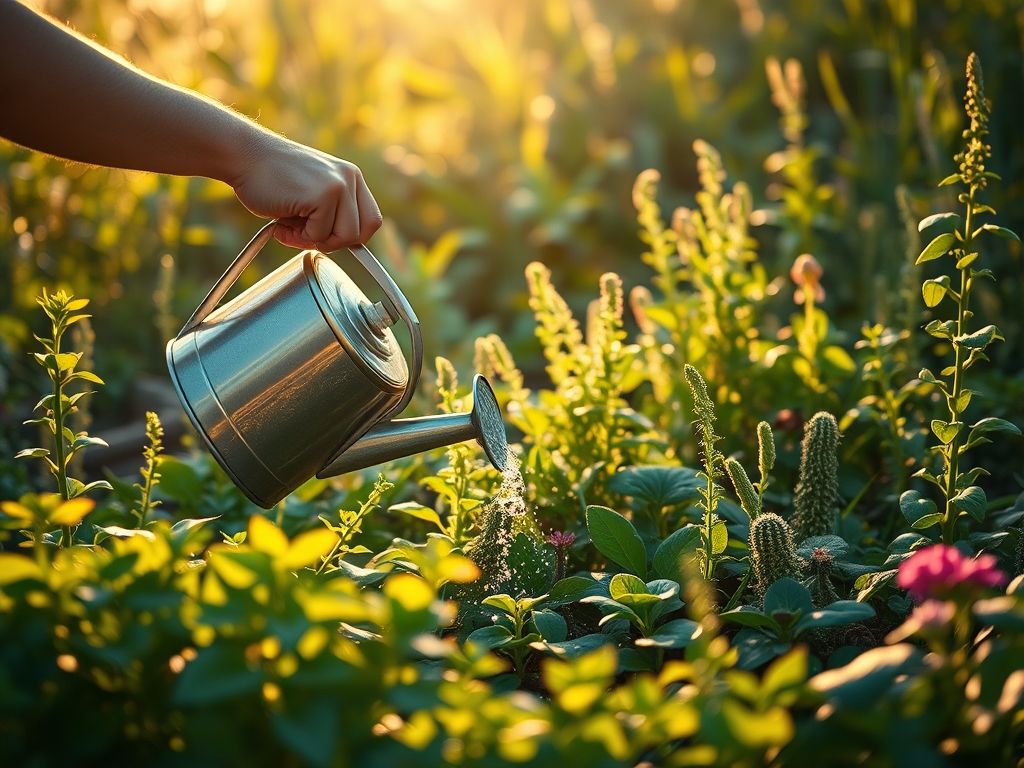 Uma pessoa regando plantas em um jardim usando um regador no início da manhã ou no final da tarde. Algumas plantas estão prosperando, outras mostrando sinais de precisar de cuidados.