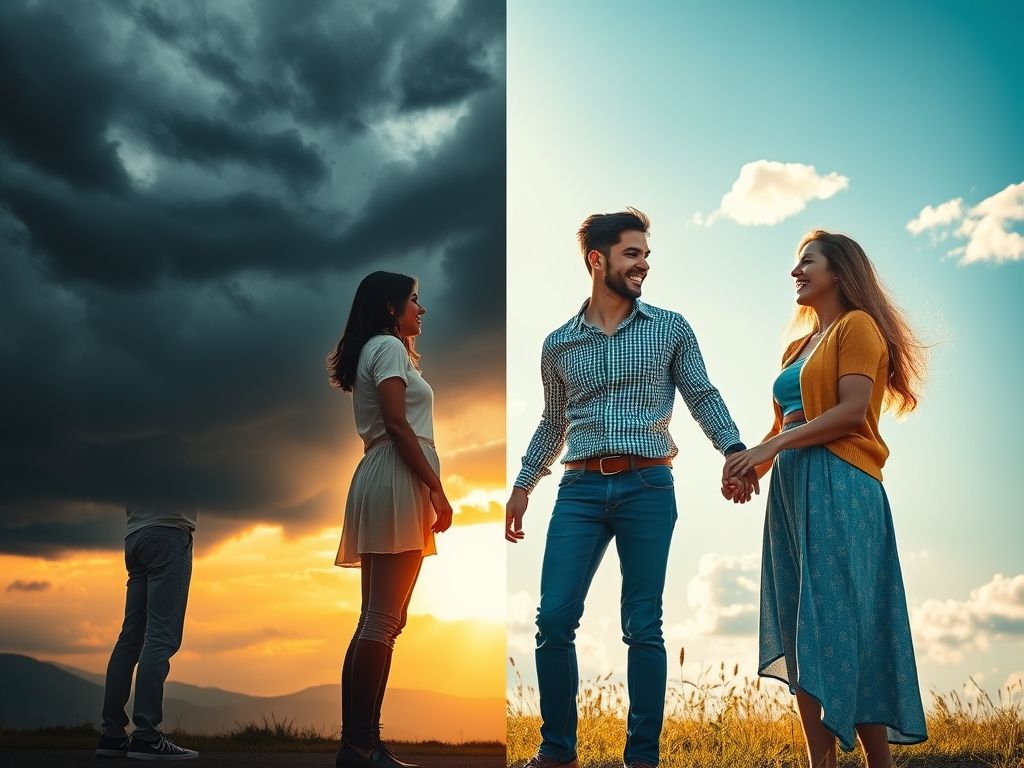 Imagem dividida mostrando um casal em conflito e o mesmo casal em harmonia, destacando a importância da comunicação.