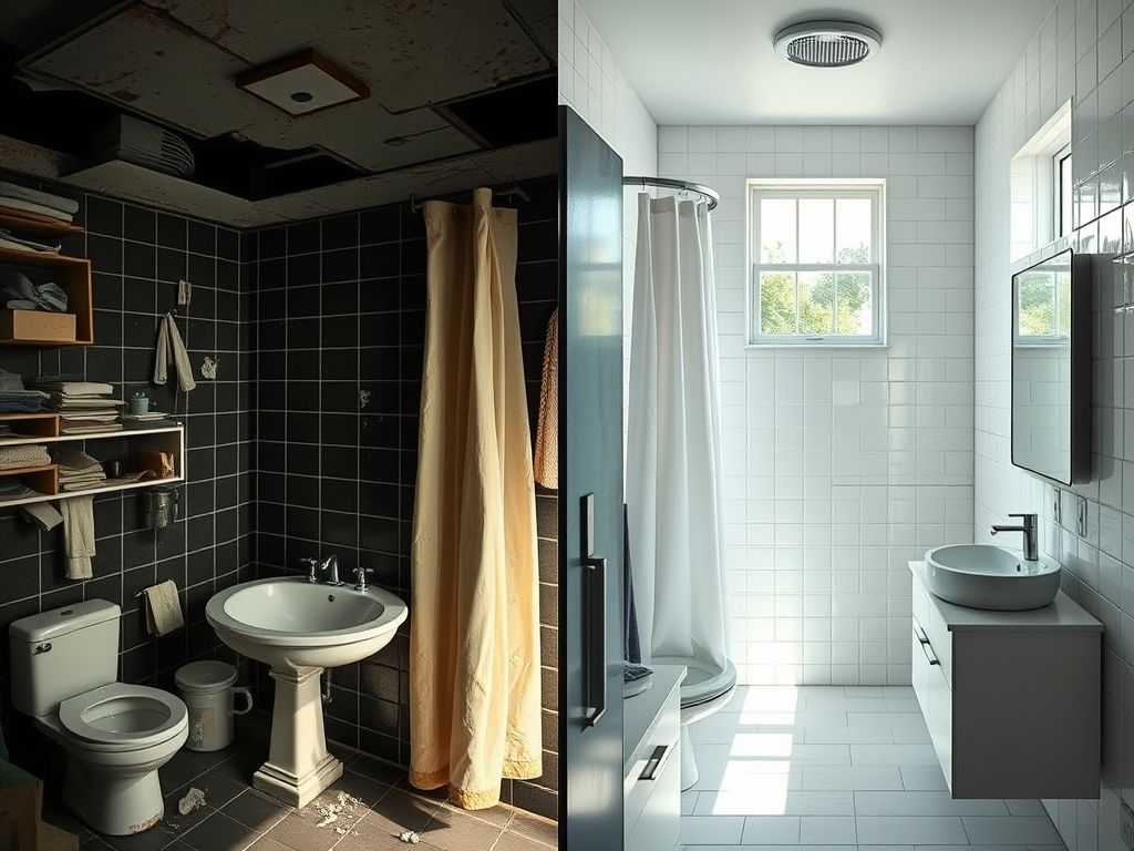 Comparação de um banheiro antigo e desorganizado com um banheiro renovado, moderno e bem iluminado.