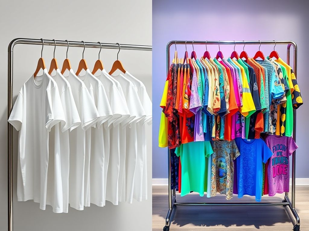 Comparação visual: camisetas brancas produzidas em massa versus camisetas customizadas e coloridas.
