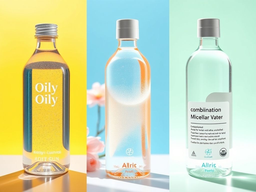 Comparativo de três frascos de água micelar para pele oleosa, seca e mista, destacando os ingredientes e benefícios de cada uma.