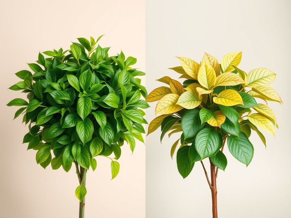 Imagem dividida mostrando uma planta verde saudável de um lado e uma planta com folhas amareladas, manchadas e secas do outro, ilustrando problemas comuns de rega.