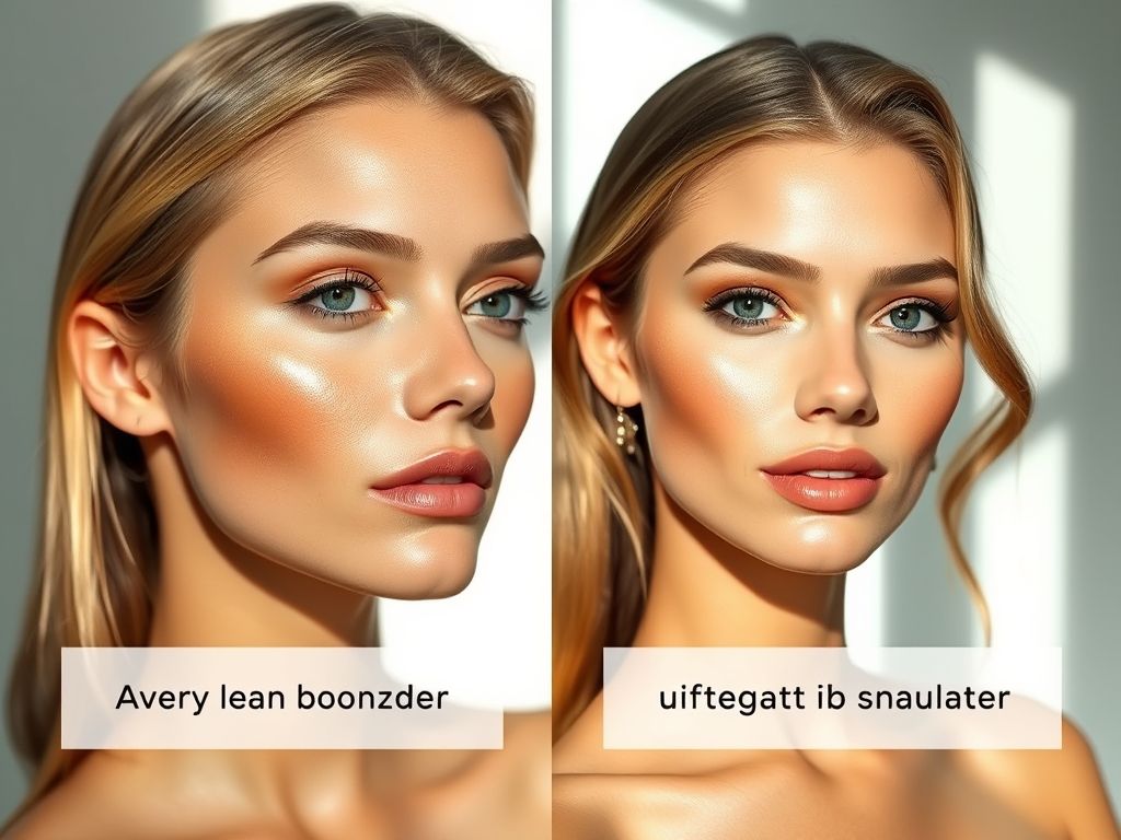 Imagem comparativa mostrando a aplicação correta e incorreta do pó bronzeador, com foco na técnica de esfumado e no posicionamento adequado.