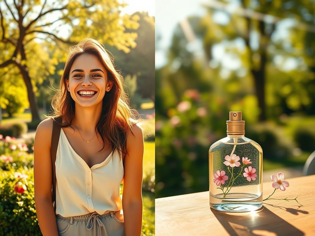 Imagem dividida mostrando dois cenários: um diurno com um perfume floral leve e outro noturno com um perfume floral intenso.