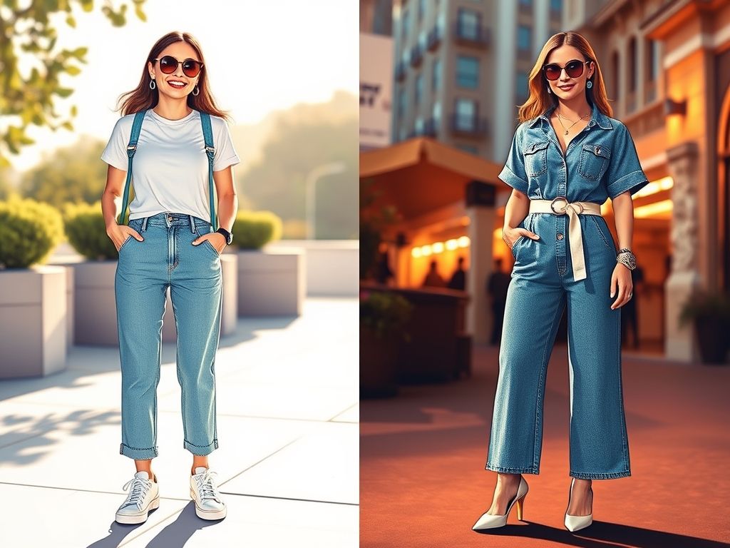 Imagem dividida mostrando um look casual e um look elegante com macacão jeans.