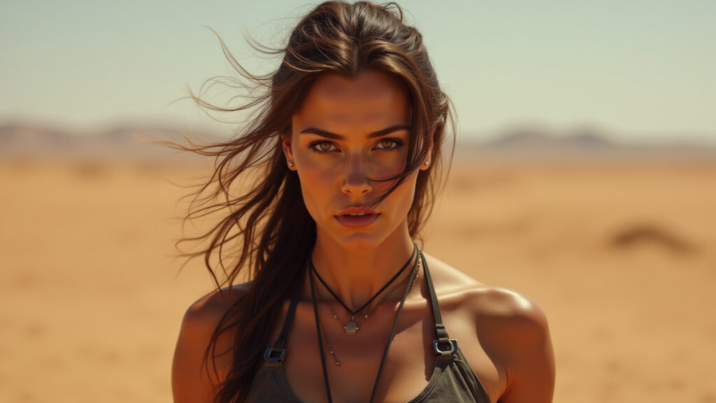 A strong woman, resembling Furiosa, stands in a desert landscape, determined. Professional Guerreira forte inspirada em Furiosa de 'Mad Max'.
