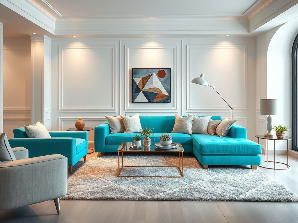 Uma sala de estar elegante com um sofá turquesa vibrante, paredes brancas, tapete cinza e poltronas bege, demonstrando o equilíbrio entre cores vibrantes e tons neutros.