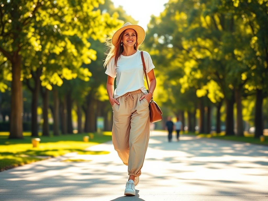 Mulher estilosa usando calça slouchy bege com camiseta branca básica, tênis brancos e chapéu de palha. Ela está carregando uma bolsa de ombro e sorrindo. O fundo é um dia ensolarado e brilhante em um parque.