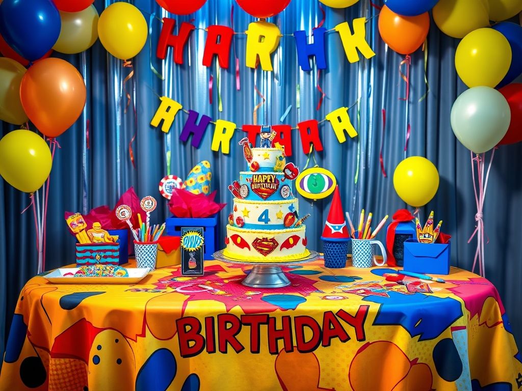 Mesa de aniversário decorada com tema de super-heróis, bolo de vários andares, balões coloridos e doces temáticos.